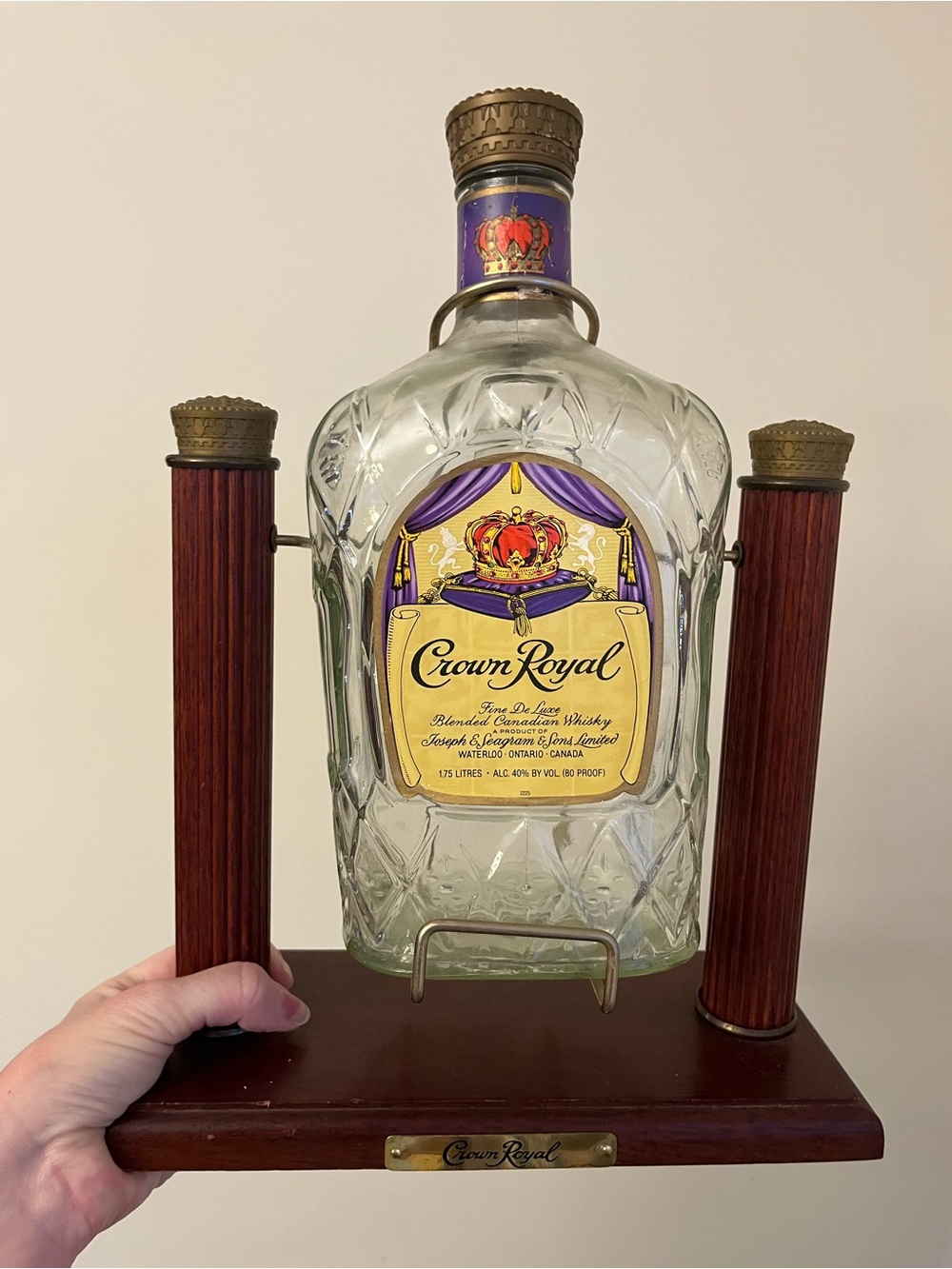 Official Crown Royal Collector's Swinging 1.75 Liter Glass Bottle with Cradle